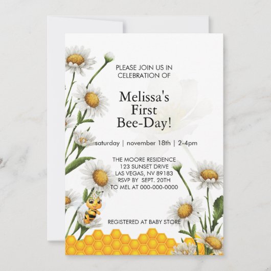 ファースト・ビーデイ誕生日イエロービーハニカムデイジー 招待状 (正面)