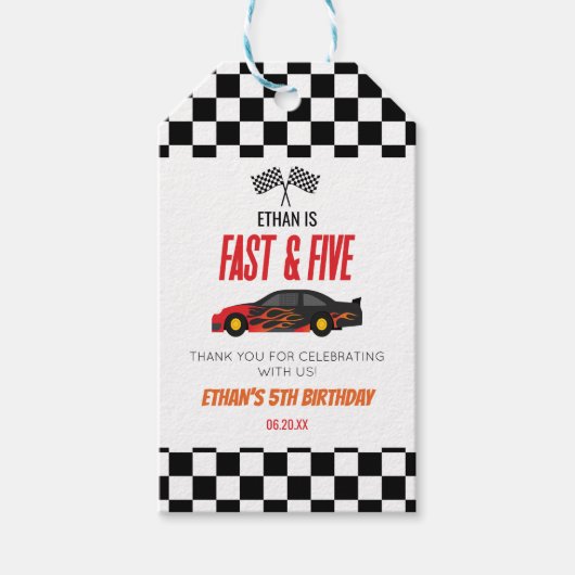 ファースト&ファイブレッドフラームレースカー5thバースデーパーティー ギフトタグ (正面)