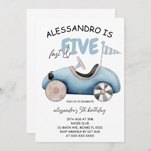 ファースト&ファイブレースカー5誕生日 招待状 (正面/裏面)