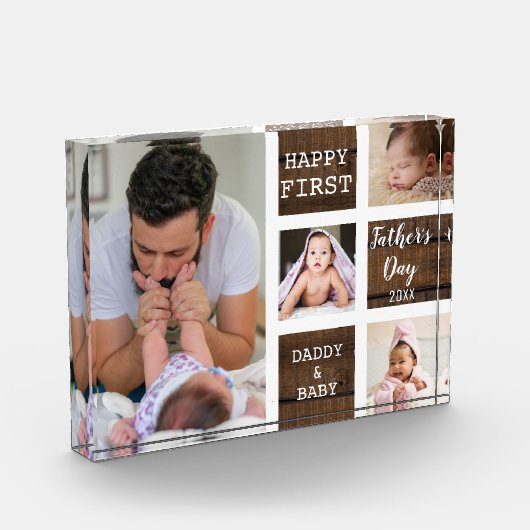 ファースト·ファザーズ·デイ4フォトコラージュブラウン·ウッド フォトブロック (左)