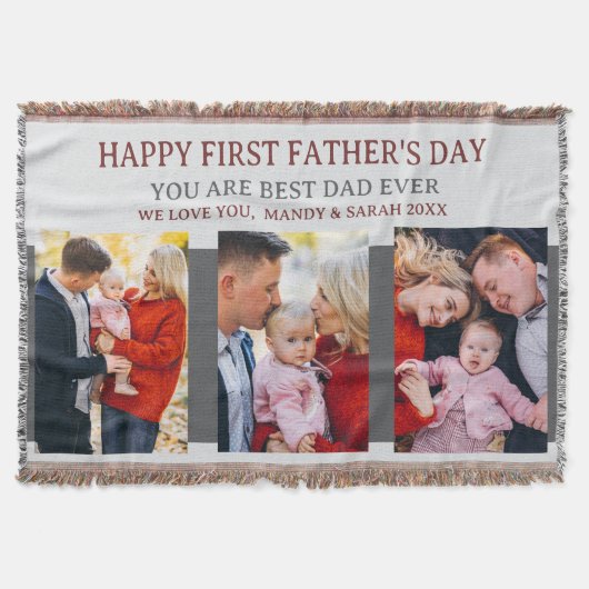 ファースト・ファーザーズ・デイ・グレー3枚の写真とカスタムメッセージ スローブランケット (正面)