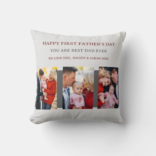 ファースト・ファーザーズ・デイ・グレー4枚の写真とカスタムメッセージ クッション (正面)