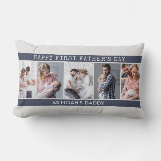 ファースト・ファーザーズ・デー – 5フォトコラージュパーソナライズされた ランバークッション (正面)