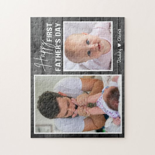 ファースト・ファーザー・デイ新しいパパ・ブラック・ウッド2写真 ジグソーパズル (縦)