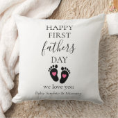 ファースト・ファーザー・デー – ベビーの足跡とピンクハート クッション (ブランケット)