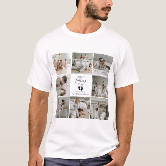 ファースト・ファーザー・デー – ベビー・フットプリント&ブルーハート Tシャツ (正面)