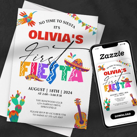 ファースト・フィエスタカラフル – メキシコ1歳の誕生日 招待状