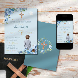 ファースト・ホリー・コミュニオンバプテスムボーイ・ダスキー石板ブルー 招待状