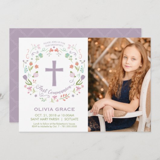 ファースト・ホーリー・コミュニオンフォト招待状，女の子招待状 招待状 (正面/裏面)