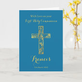 ファースト・ホーリー・コミュニオンブルー金ゴールドクロスボーイズの名前 カード (黄色い花)