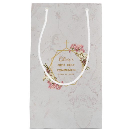 ファースト・ホーリー・コミュニオン フローラル ゴールド オーキッド マーブル スモールペーパーバッグ (正面)