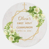 ファースト ホーリー コミュニオン フローラル ゴールド ユリ 大理石 ラウンドシール (正面)