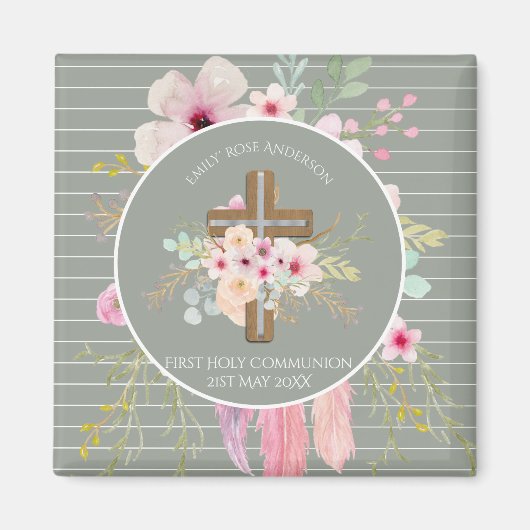 ファースト・ホーリー・コミュニオン・フローラ・クロス・ガールズ・セージ・ピンク マグネット (正面)