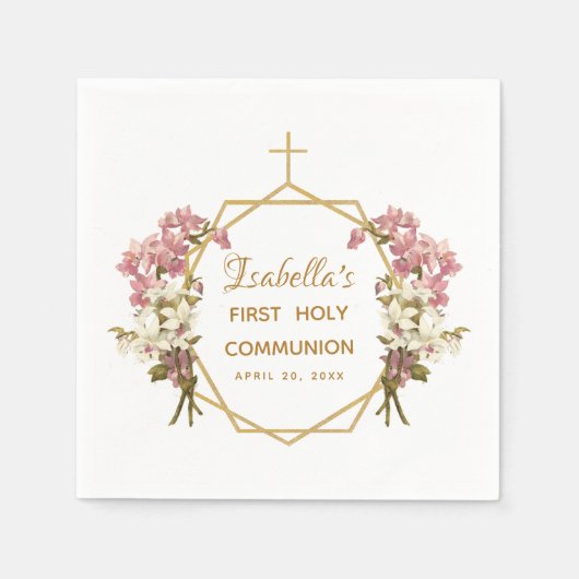 ファースト・ホーリー・コミュニオン・フローラ・金ゴールド・オーキンス・クロス スタンダードカクテルナプキン (正面)