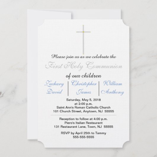 ファースト・ホーリー・コミュニオン 青い三つ子  招待状 (正面)