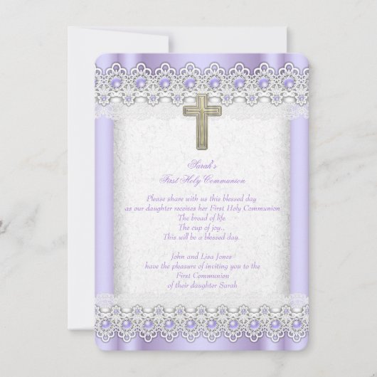 ファースト・ホーリー・コミューニオンファースト・ガールズ・クロス・ラベンダー金ゴールド 招待状 (正面)