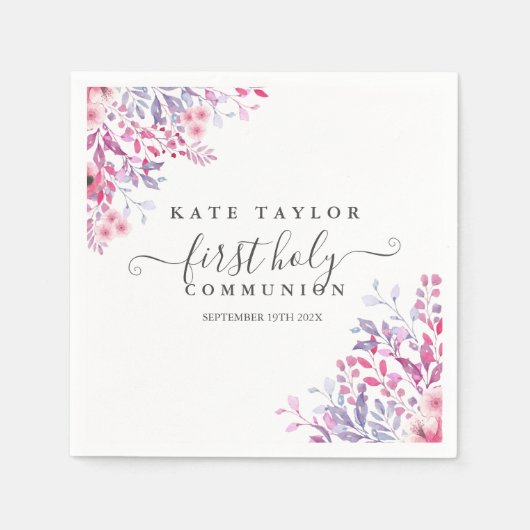 ファースト・ホーリー・コミューニオンラベンダーワイルドフラワーズフローラ スタンダードカクテルナプキン (正面)