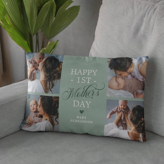 ファースト・マザーズ・デイ写真コラージュ・グリーン ランバークッション