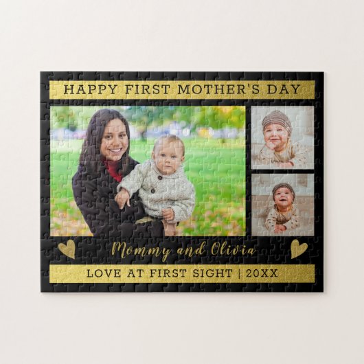ファースト・マザーズ・デイ3フォトコラージュ黒金ゴールド ジグソーパズル (横)