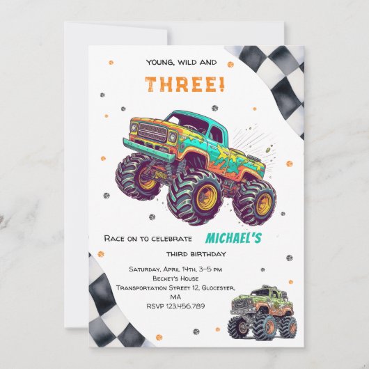 ファースト・モンスタートラックの男の子の誕生日まで成長 招待状 (正面)