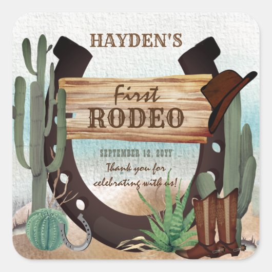 ファースト・ロデオ・カウボーイ・ウェスタン・ボーイ・ボーイ・ファースト・バースデー・パーティー スクエアシール (正面)