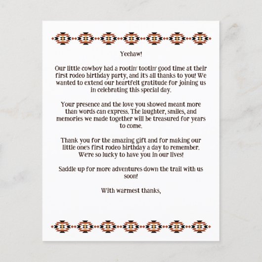 ファースト・ロデオ・カウボーイ・ホースの誕生日サンキューカード (裏面)