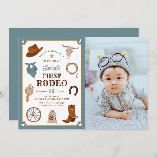 ファースト・ロデオ・カウボーイ・ワイルドウェスト・ファースト・誕生日写真 招待状 (正面/裏面)