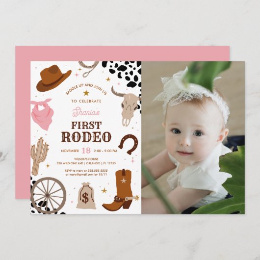 ファースト・ロデオ・ワイルドウェスト・ガール・ファースト・誕生日写真 招待状 (正面/裏面)