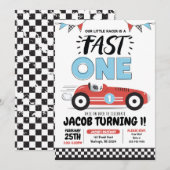 ファースト ワン レッド レース カー ボーイ 1歳の誕生日パーティー招待状 招待状 (正面/裏面)