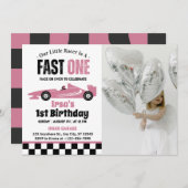 ファースト ワン レース カー ガール 1歳の誕生日パーティーの写真 招待状 (正面/裏面)