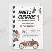 ファースト&好奇心に満ちた1stブラウンレースカー誕生日パーティー 招待状 (正面)