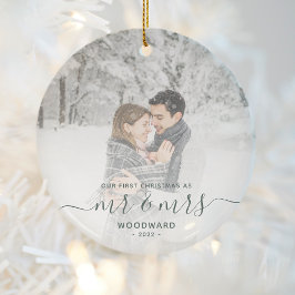 ファースト 結婚 クリスマス カスタム 写真 グリーン スクリプト セラミックオーナメント