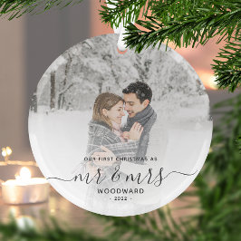 ファースト 結婚 クリスマス カスタム 写真 グレー 筆記体 ガラスオーナメント