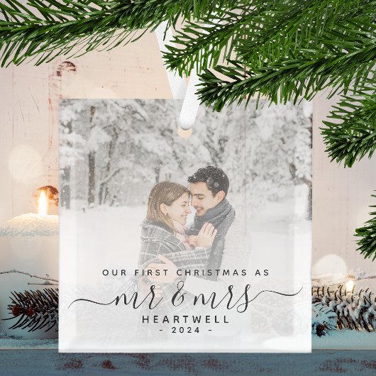 ファースト 結婚 クリスマス カスタム 写真 グレー 筆記体 ガラスオーナメント