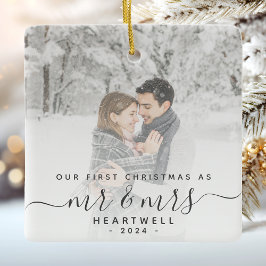 ファースト 結婚 クリスマス カスタム 写真 グレー 筆記体 セラミックオーナメント