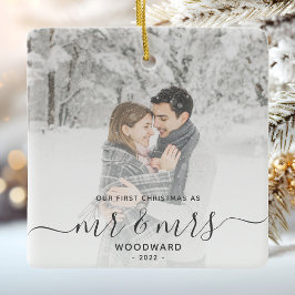 ファースト 結婚 クリスマス カスタム 写真 グレー 筆記体 セラミックオーナメント