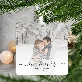 ファースト 結婚 クリスマス カスタム 写真 グレー 筆記体 メタルオーナメント