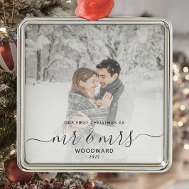 ファースト 結婚 クリスマス カスタム 写真 グレー 筆記体 メタルオーナメント