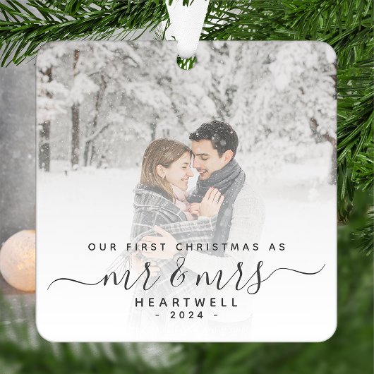 ファースト 結婚 クリスマス カスタム 写真 グレー 筆記体 メタルオーナメント