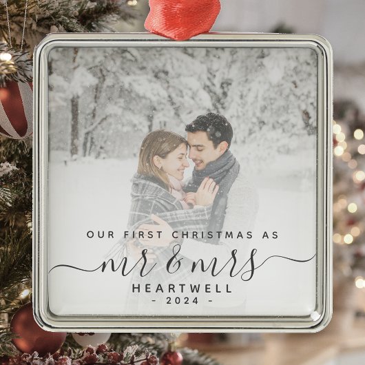 ファースト 結婚 クリスマス カスタム 写真 グレー 筆記体 メタルオーナメント