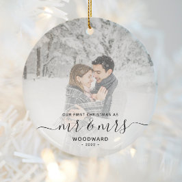 ファースト 結婚 クリスマス カスタム 写真 ブラック スクリプト セラミックオーナメント