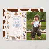 ファーストRodeoワイルドウェストカウボーイブルー誕生日写真 招待状 (正面/裏面)