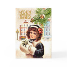 ファーマフ付きヴィンテージクリスマスカードガール