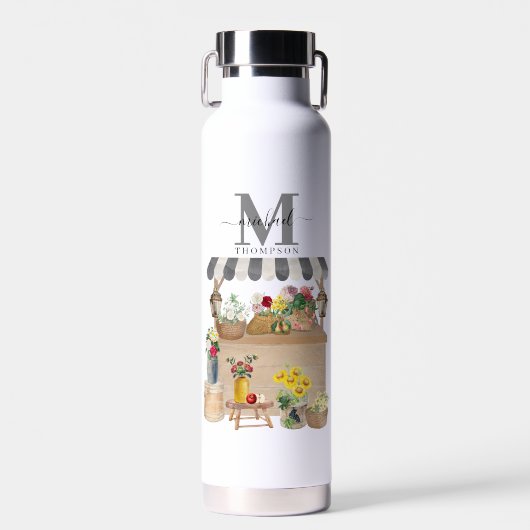 ファーマーズマーケットフラワーカートキッチンモノグラムの ウォーターボトル (正面)
