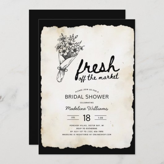 ファーマーズマーケットフラワーブーケブライダルシャワー 招待状 (正面/裏面)