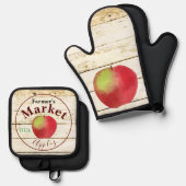 ファーマーズマーケットリンゴのサインのキッチンタオル 鍋つかみ&鍋敷きセット (正面/裏面)