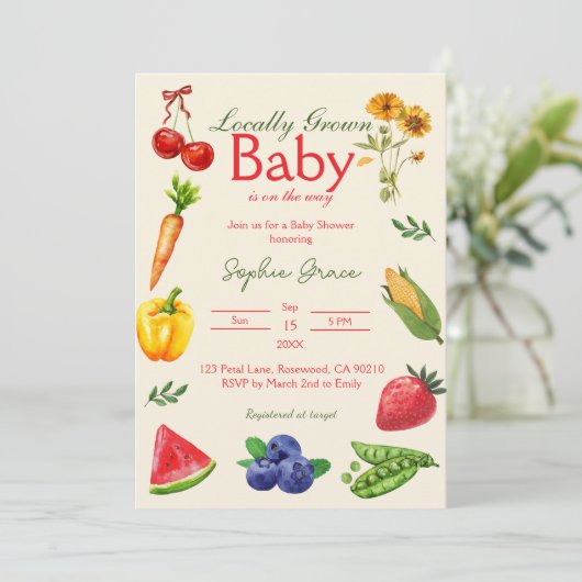 ファーマーズマーケット地元で育った赤ちゃんシャワー 招待状 (スタンド正面)