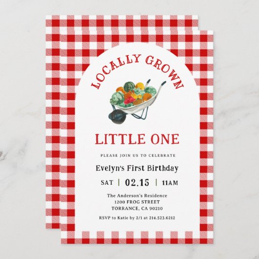 ファーマーズマーケット地元で育った1歳の誕生日パーティー 招待状 (正面/裏面)
