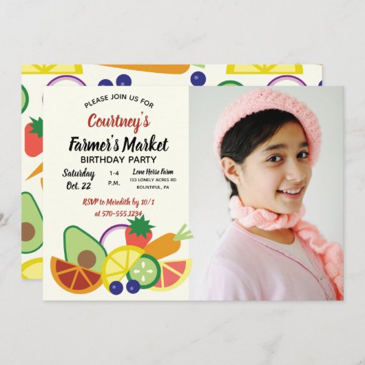 ファーマーズマーケット誕生日パーティーの写真 招待状 (正面/裏面)