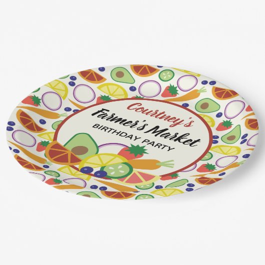 ファーマーズマーケット誕生日パーティーフルーツと野菜 ペーパープレート (アングル)